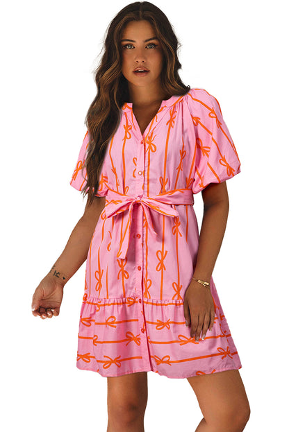 Bowknot Striped Printed Bubble Sleeve Buttoned Belted Mini Dress | Pink