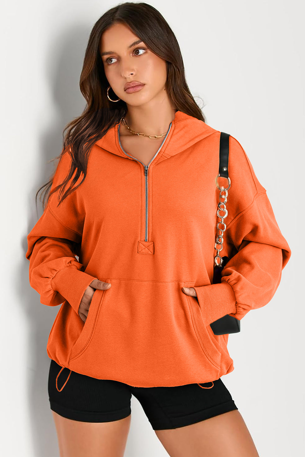 Solid Kangaroo Pocket Half Zipper Oversized Hoodie | Orange