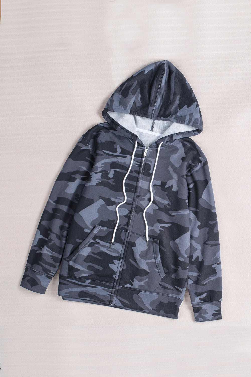 Camo Print Zip-Up Hooded Coat With Pockets | Black