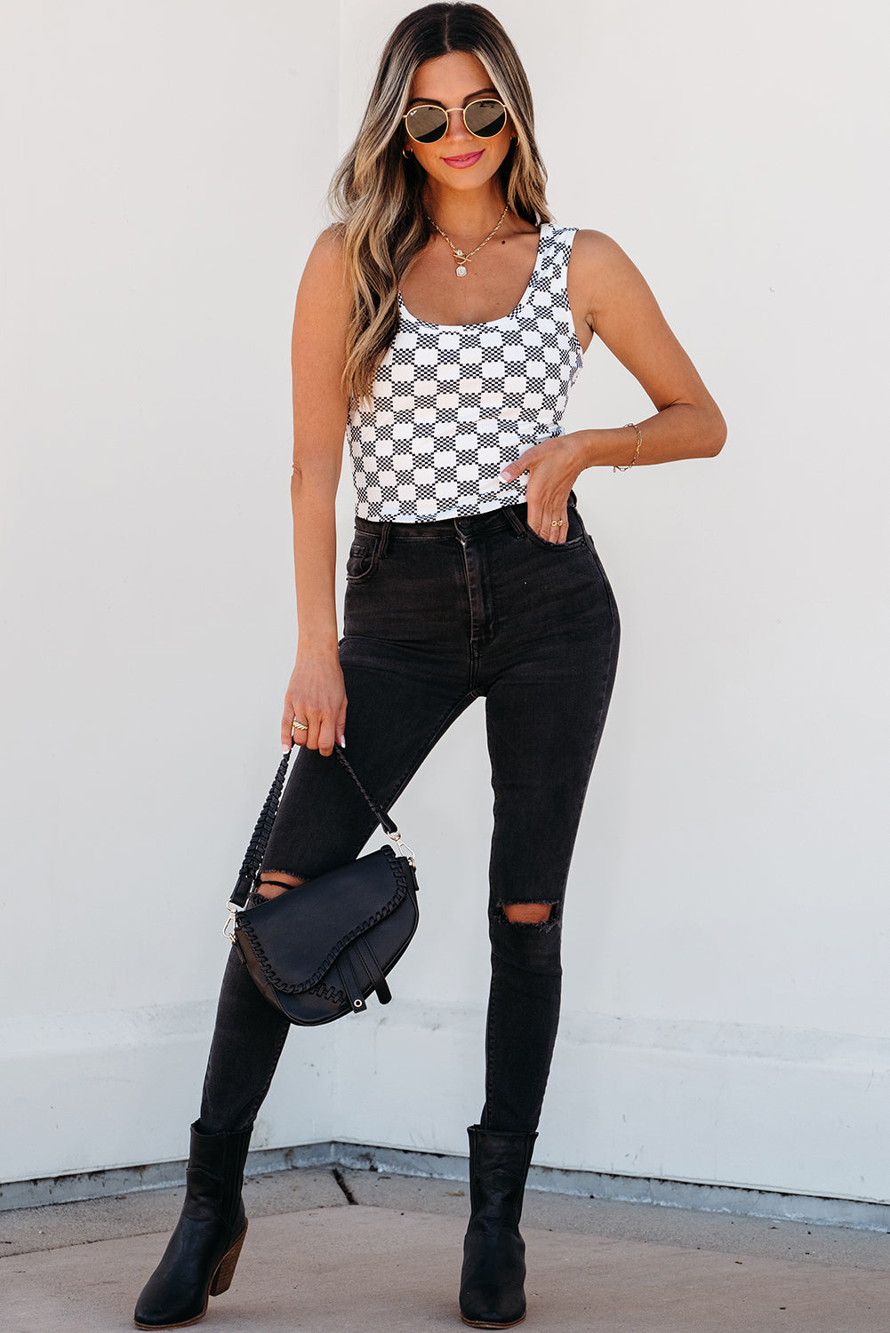 Checkered Print U Neck Cropped Tank Top | Black