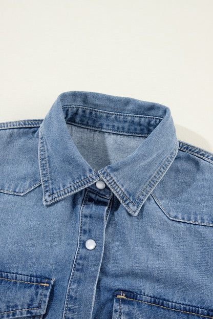 Flap Pockets Slim Buttoned Denim Shirt | Dusk Blue