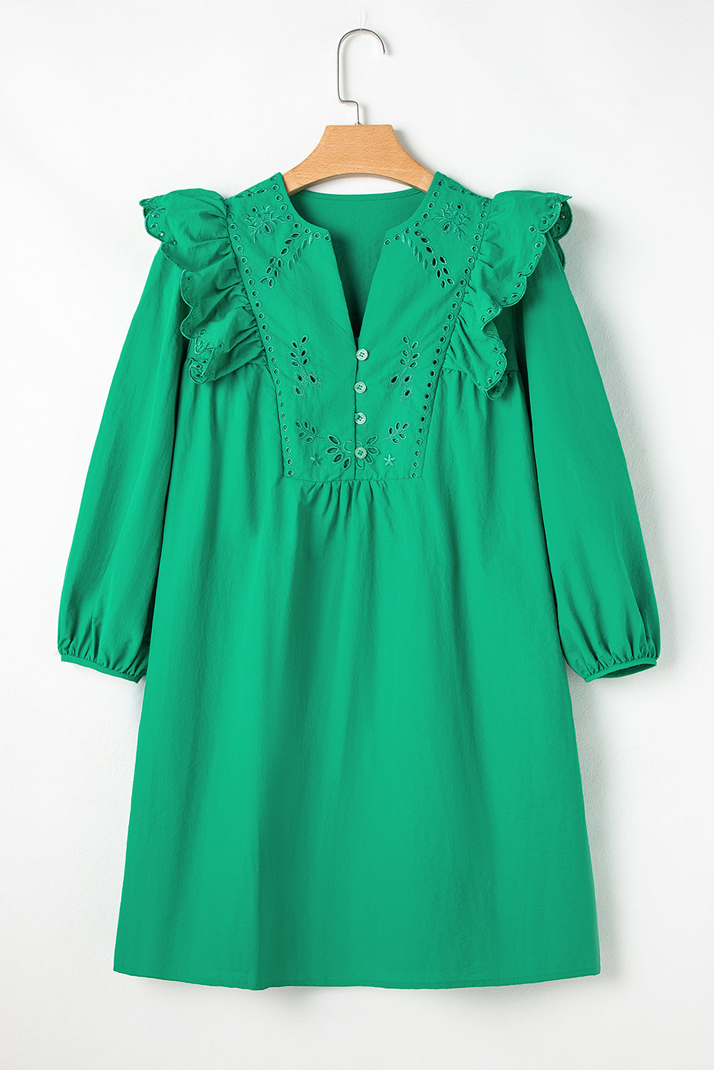 Embroidered Ruffled Trim 3/4 Sleeve V Neck Mini Dress | Bright Green