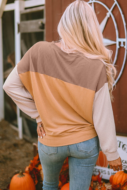 Colour Block Long Sleeve Ribbed Loose Top | Khaki