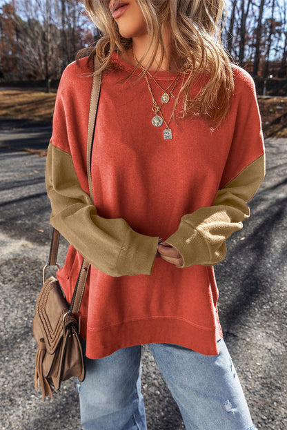 Two Tone Patchwork Drop Shoulder Pullover Sweatshirt | Gold Flame