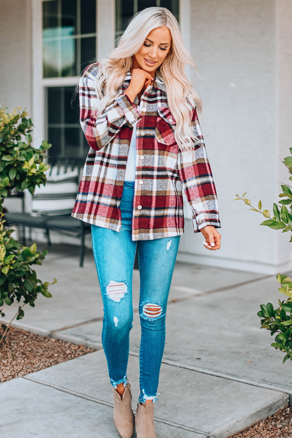 Fiery  Geometric Plaid Print Pocketed Shacket | Red