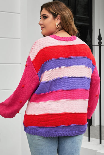 Plus Size Striped Knit Pompom Puff Sleeve Sweater | Pink