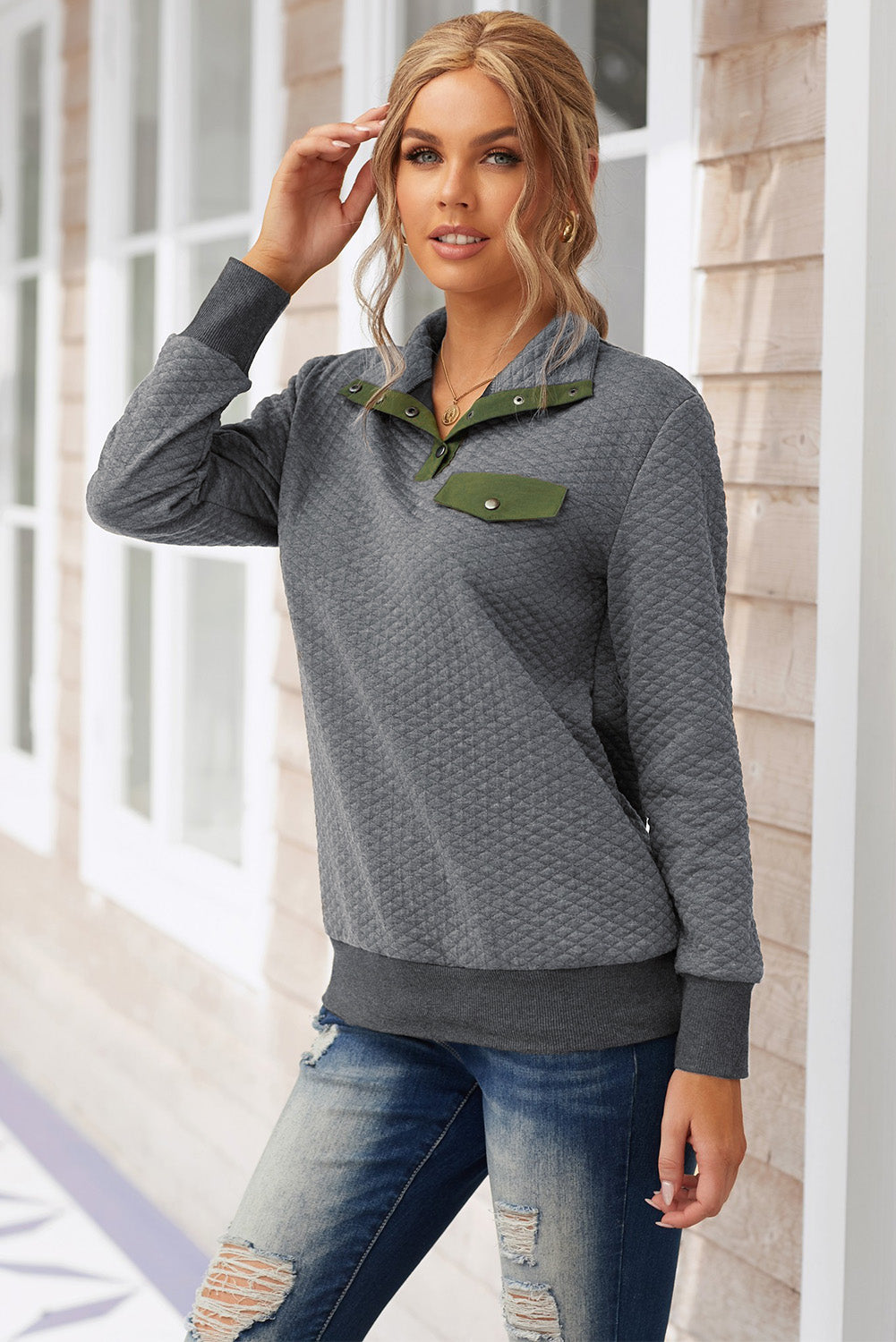 Dark  Quilted Snaps Stand Neck Sweatshirt With Fake Front Pocket | Gray