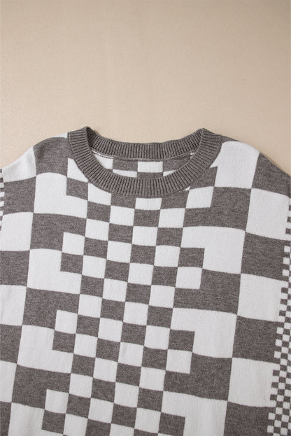 Checkered Print Drop Shoulder Round Neck Sweater | Gray