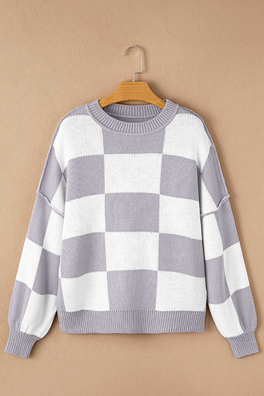 Gray Checkered Bishop Sleeve Sweater | Gray Stripe