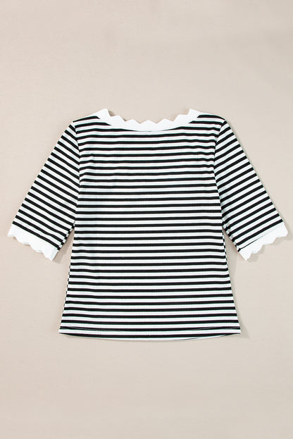 Striped Contrast Scallop Trim Half Sleeve T-Shirt | Black