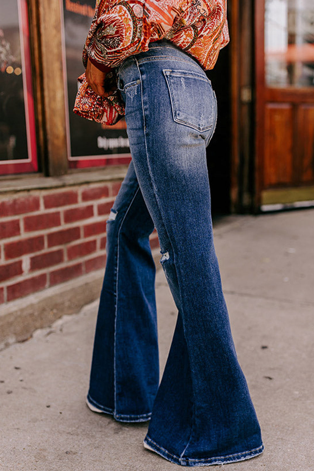 Button Fly Ripped High Waist Flare Jeans | Sky Blue