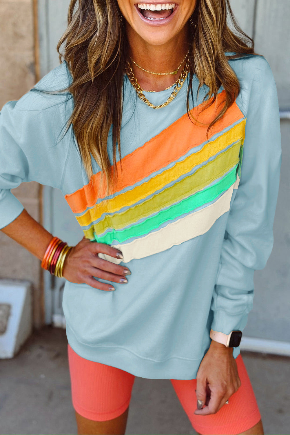 Rainbow Colourblock Striped Pullover Sweatshirt | Beau Blue