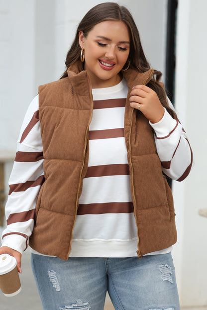 Corduroy Stand Neck Zipped Puffer Vest | Coffee