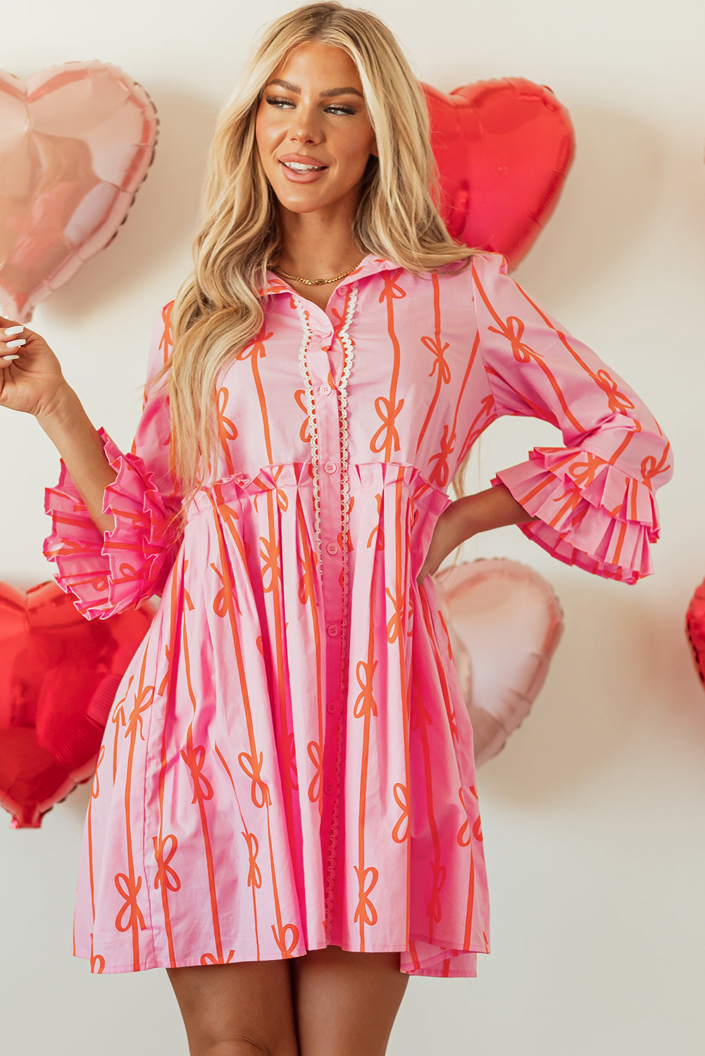 Bowknot Striped Printed Tiered Ruffled Mini Shirt Dress | Pink