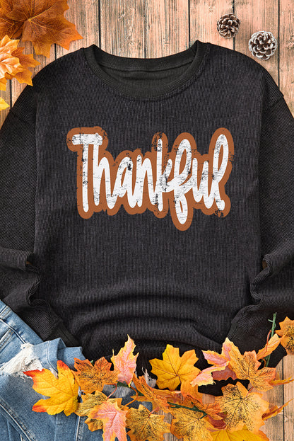 Thankful Printed Drop Shoulder Corded Thanksgiving Sweatshirt | Black