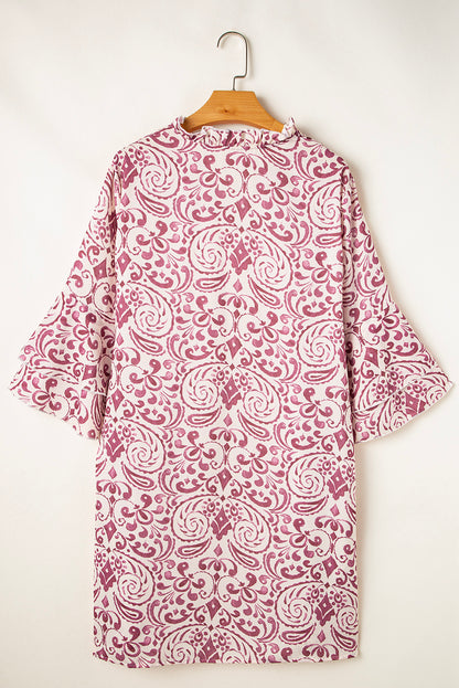 Paisley Print Tiered 3/4 Sleeve Notched Neck Mini Dress | Pink