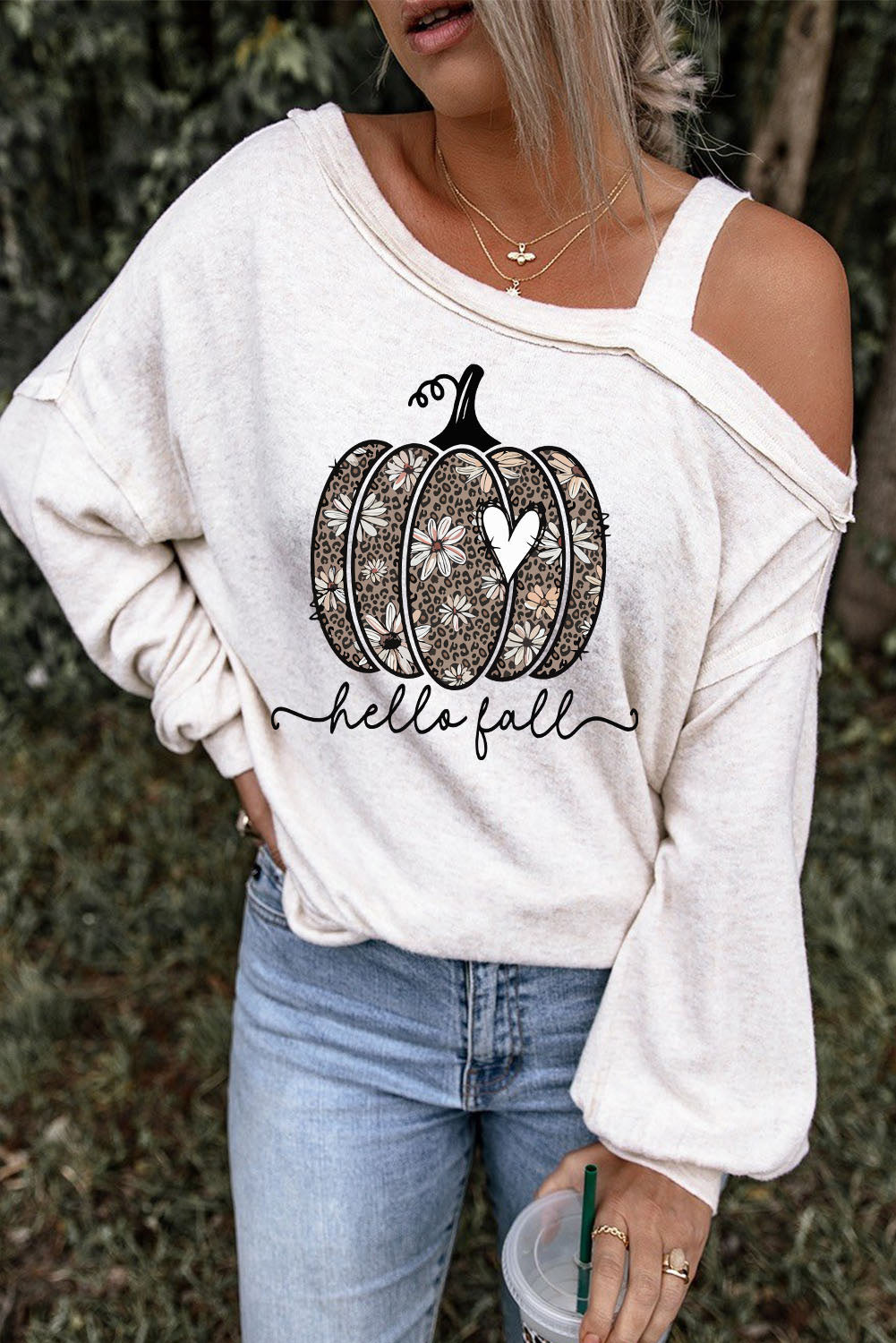 Beige Leopard Floral Pumpkin Asymmetric Cold Shoulder Top