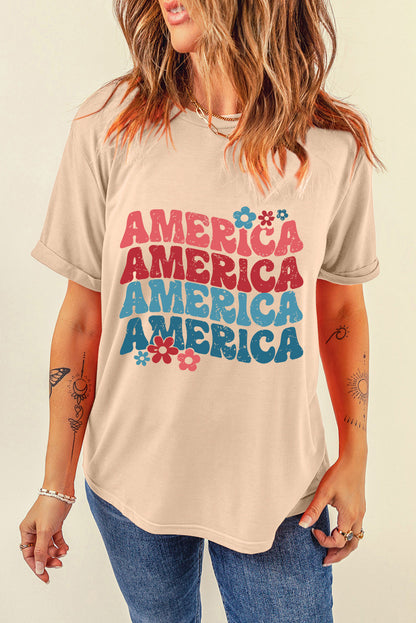 America Letter Floral Print T Shirt | Khaki