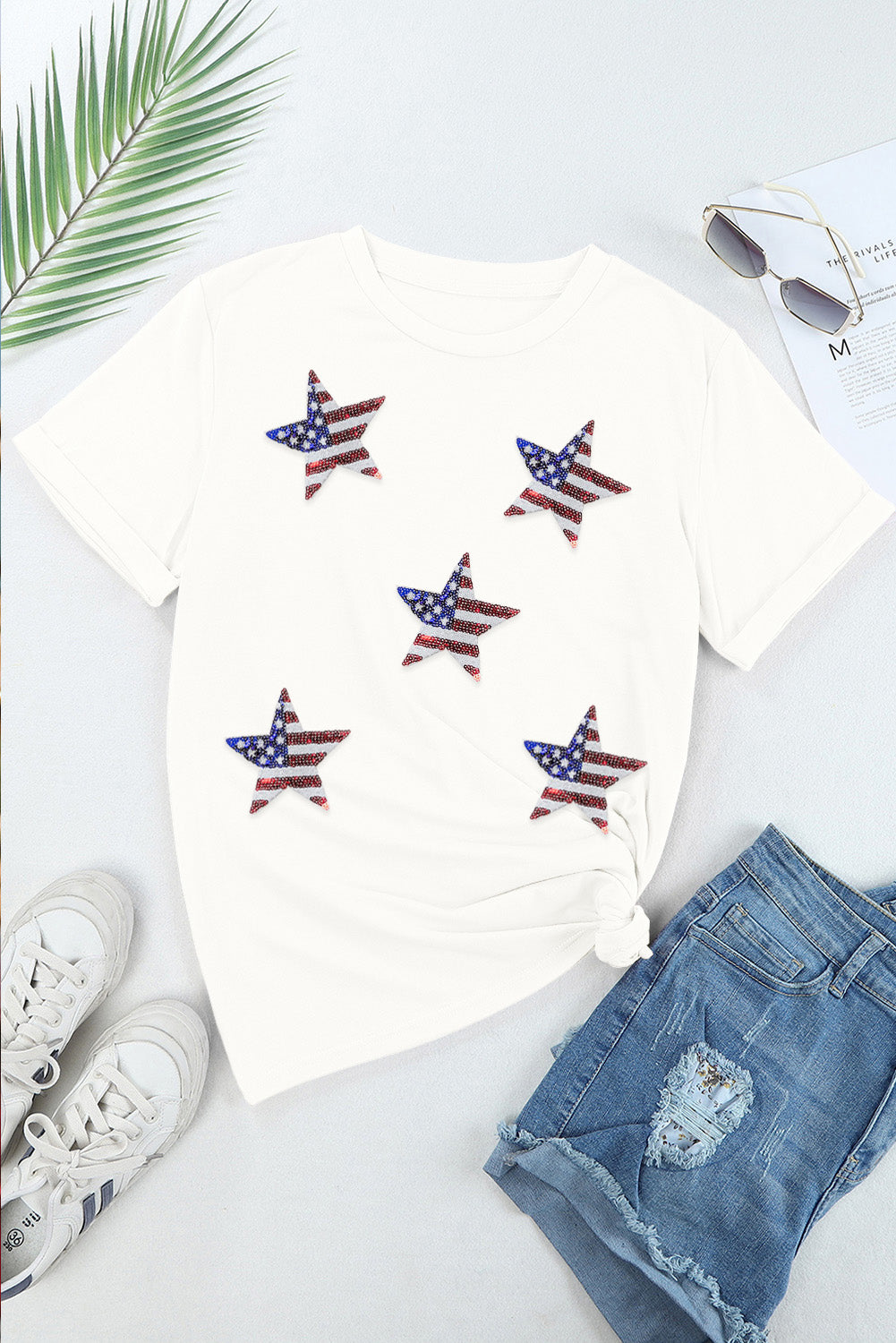 Sequined American Flag Star Graphic T Shirt | White