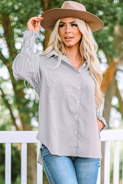 Smocked Cuffed Striped Boyfriend Shirt With Pocket | Black