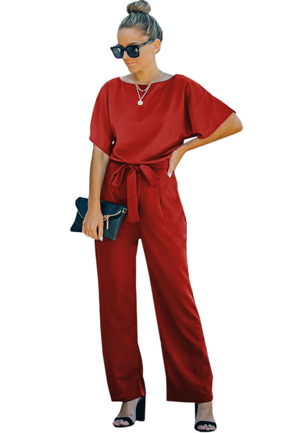 Fiery  Belted Wide Leg Jumpsuit | Red