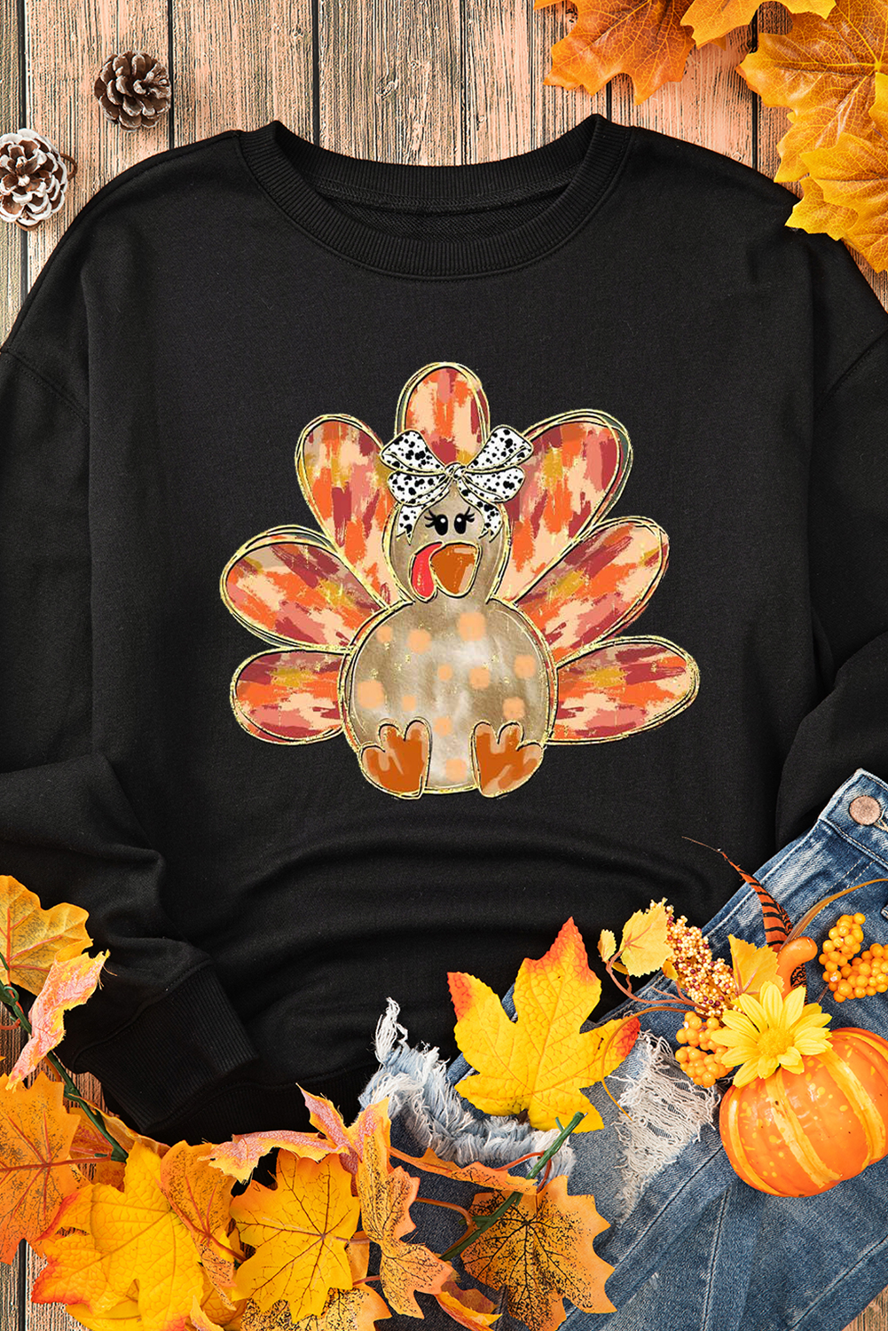 Thanksgiving Turkey Graphic Drop Shoulder Sweatshirt | Black