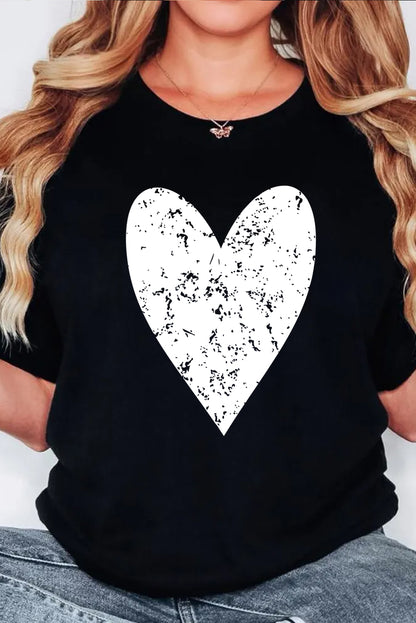 Valentines Heart Printed Round Neck T Shirt | Black