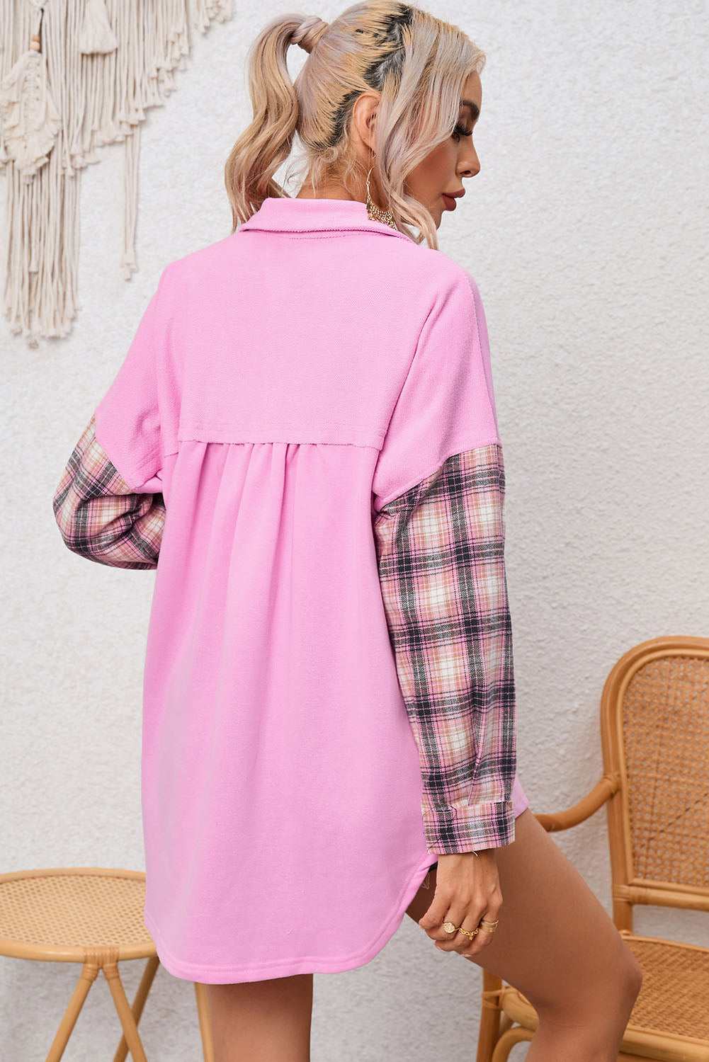 Plaid Patchwork Chest Pockets Oversized Shirt Jacket | Rose