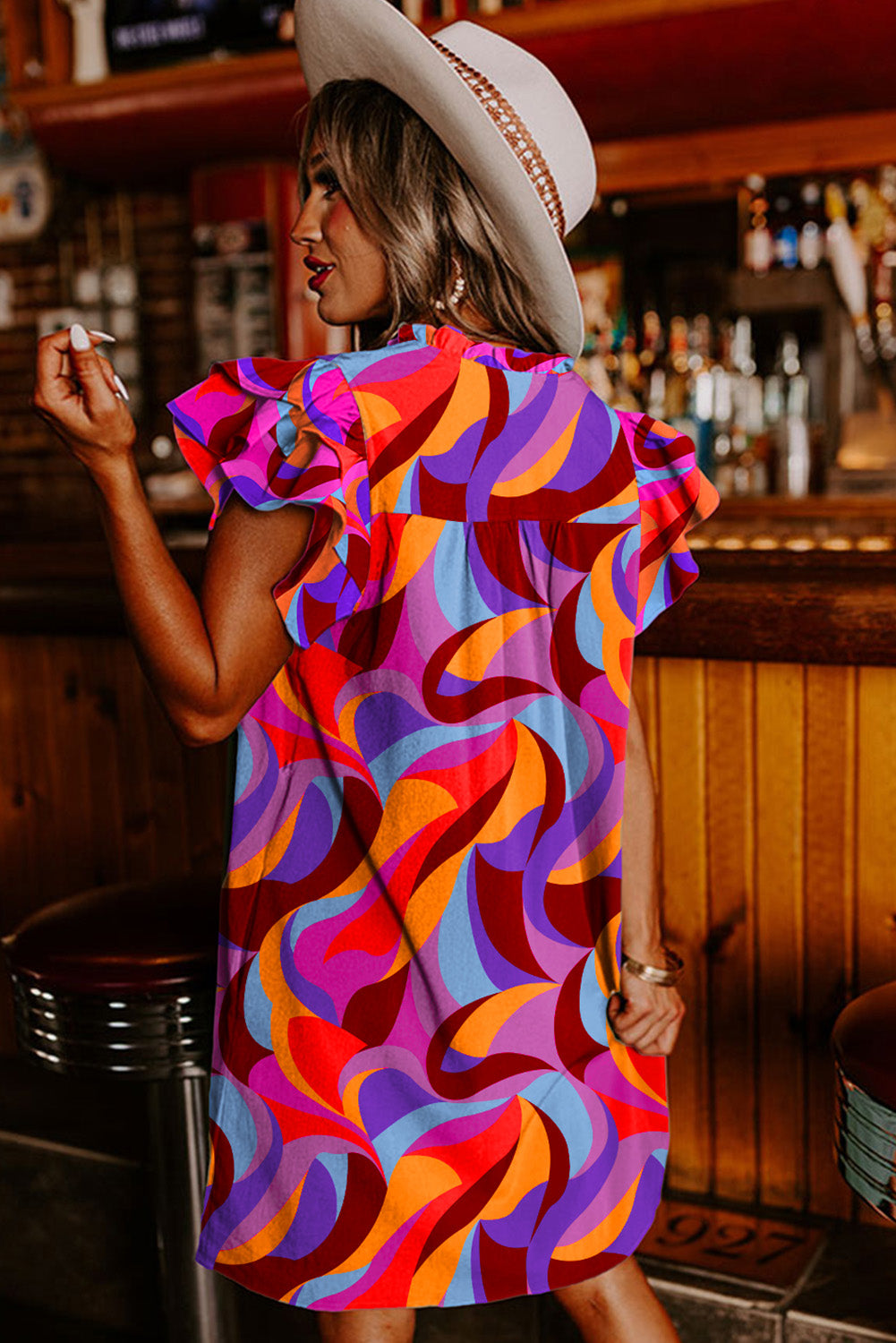 Abstract Print Ruffled Sleeve Shift Dress | Orange