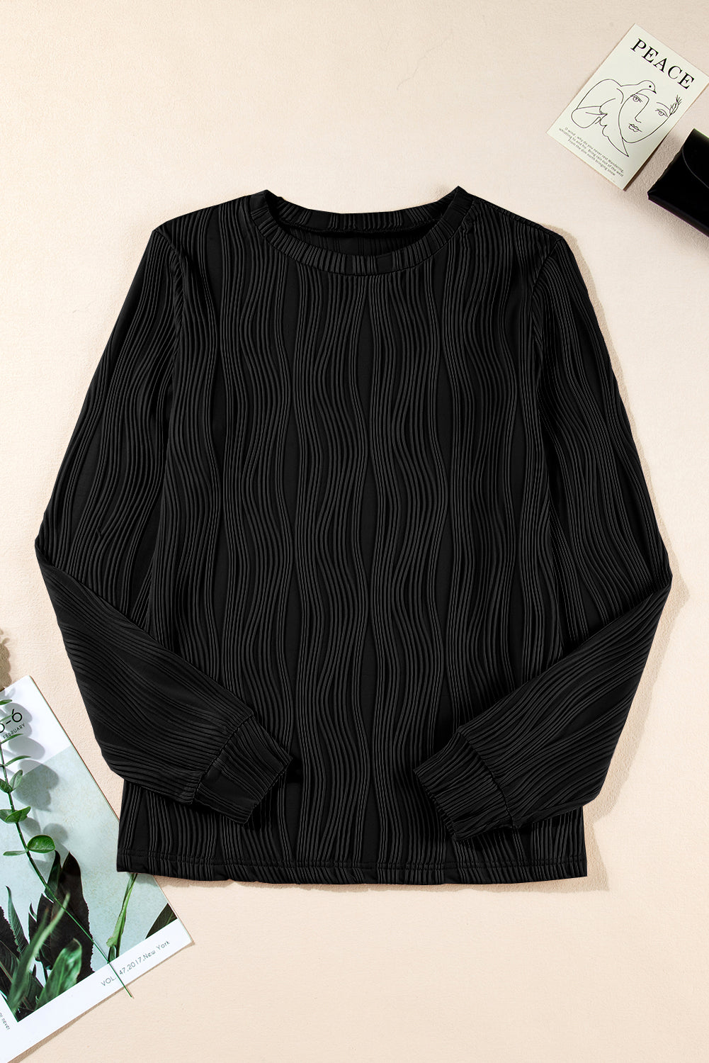 Textured Wavy Round Neck Long Sleeve Top | Black