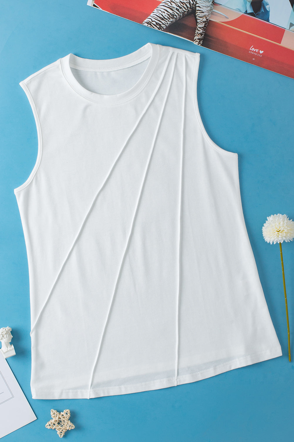 Crew Neck Pleated Tank Top | White