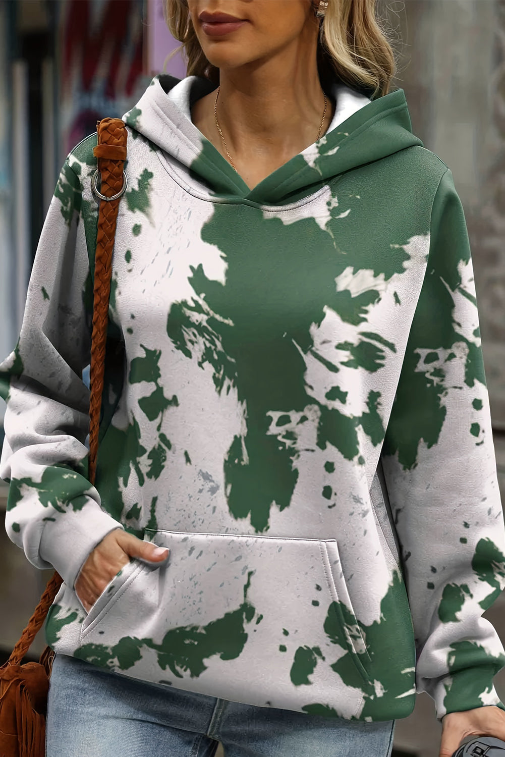 Tie Dye Print Kangaroo Pocket Loose Hoodie | Green