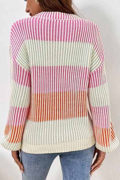 Colourblock Textured Knit Bubble Sleeve Sweater | Pink