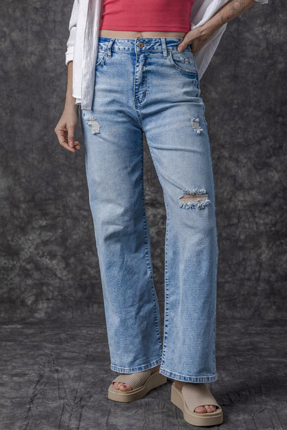 High Rise Distressed Straight Leg Jeans | Light Blue