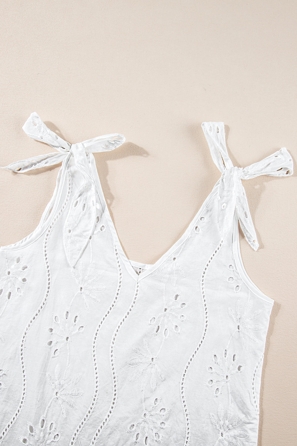 Embroidery Patterned Knotted Straps V Neck Tank Top | White