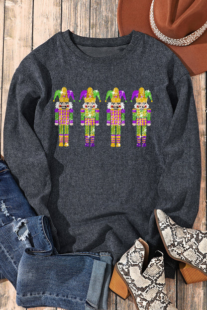 Glitter Mardi Gras Nutcracker Patch Corded Sweatshirt | Gray