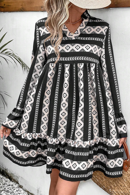 Boho Geometric Printed Flared Long Sleeve Mini Dress | Black