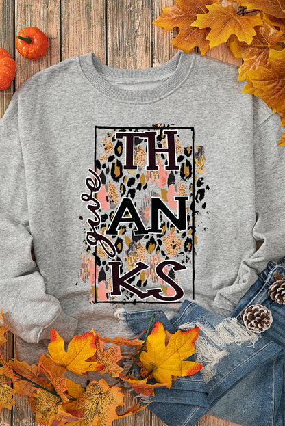 Give Thanks Leopard Graphic Drop Shoulder Sweatshirt | Gray