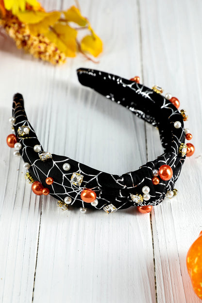 Pearled Rhinestone Knotted Spiderweb Halloween Headband | Black