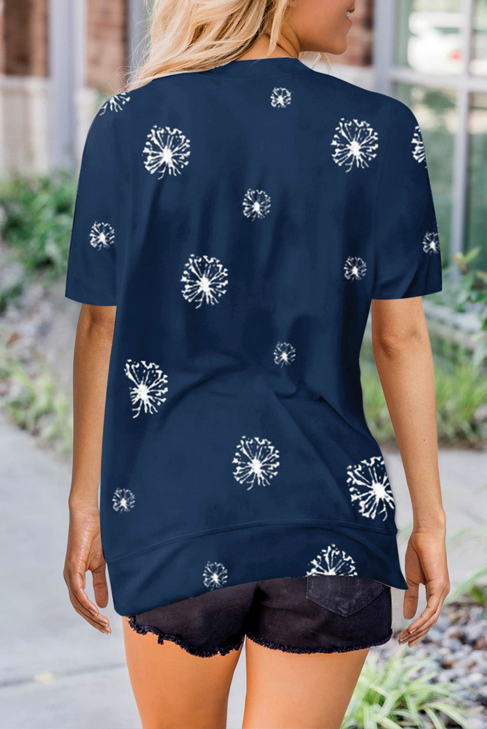 Dandelion Print Crew Neck T-Shirt | Blue