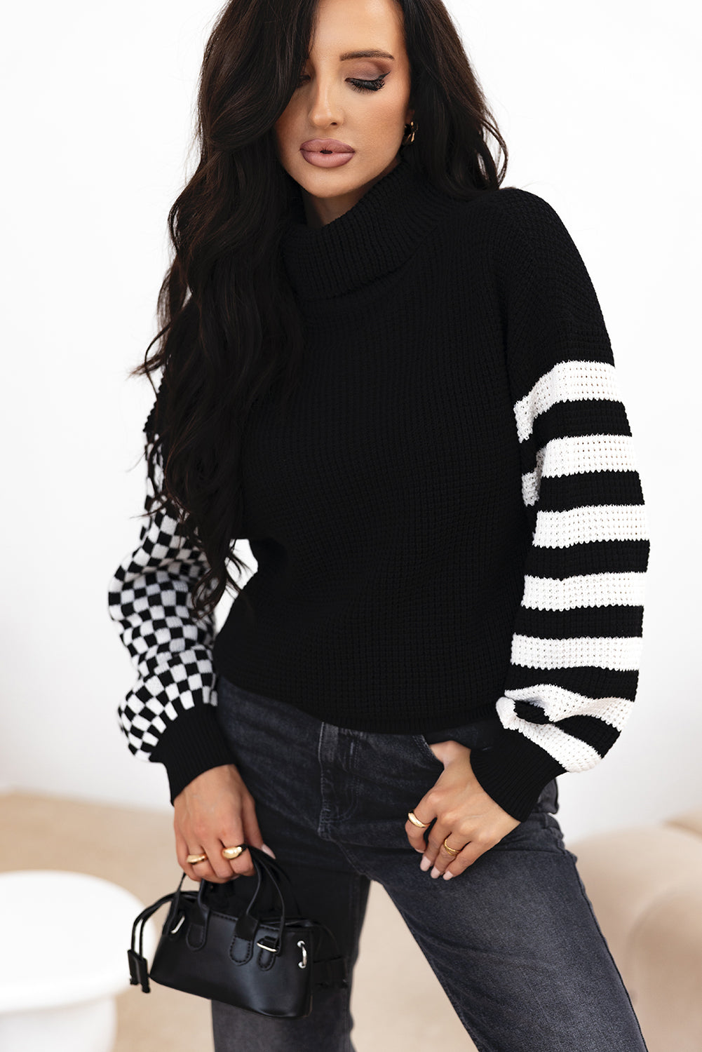 Striped Plaid Patchwork Waffle Knit Turtleneck Sweater | Black