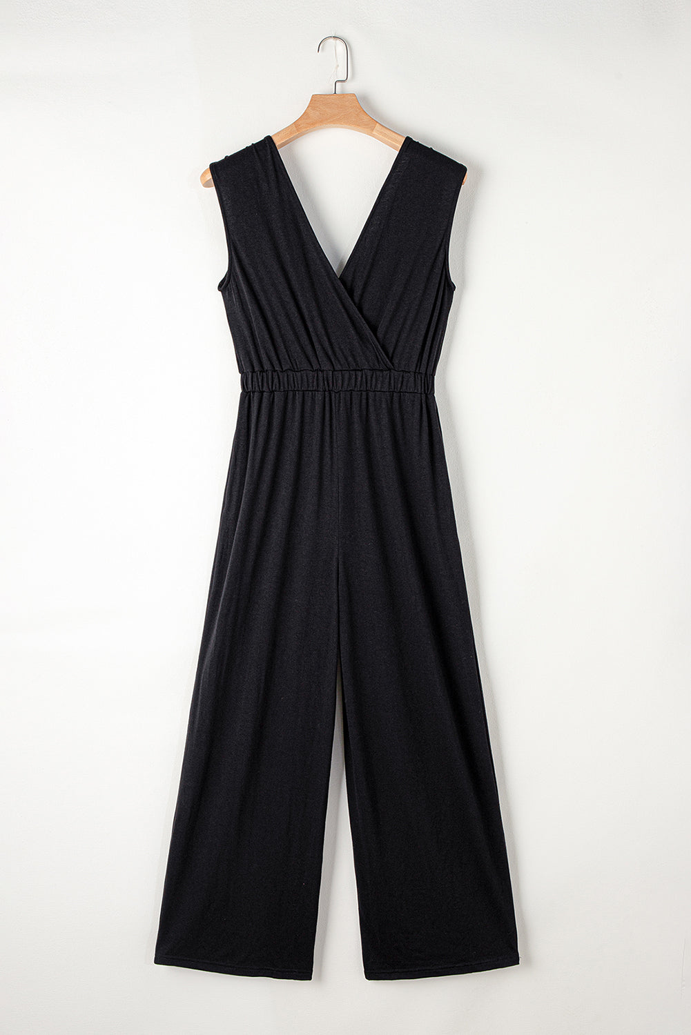 Deep V Pleated Crisscross Wide Leg Backless Jumpsuit | Black