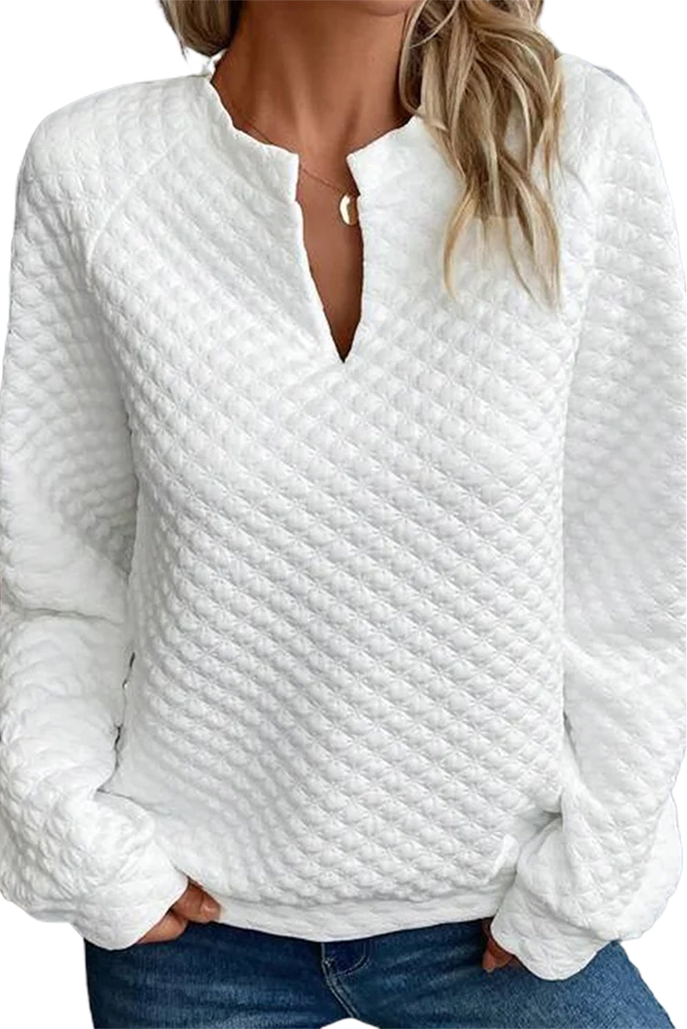 Split Neck Quilted Long Sleeve Top | White