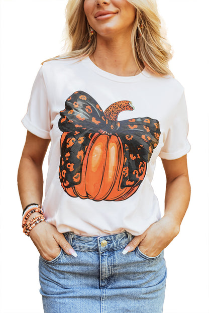 Halloween Bowknot Pumpkin Graphic Crewneck T Shirt | White