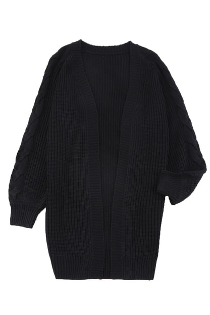 Open Front Cable Sleeve Long Cardigan | Black