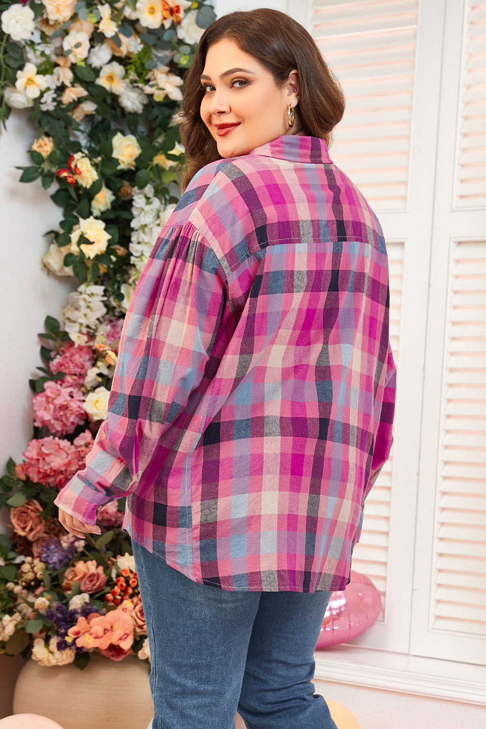 Plus Size Checkered Print Button Up Shirt | Rose Stripe