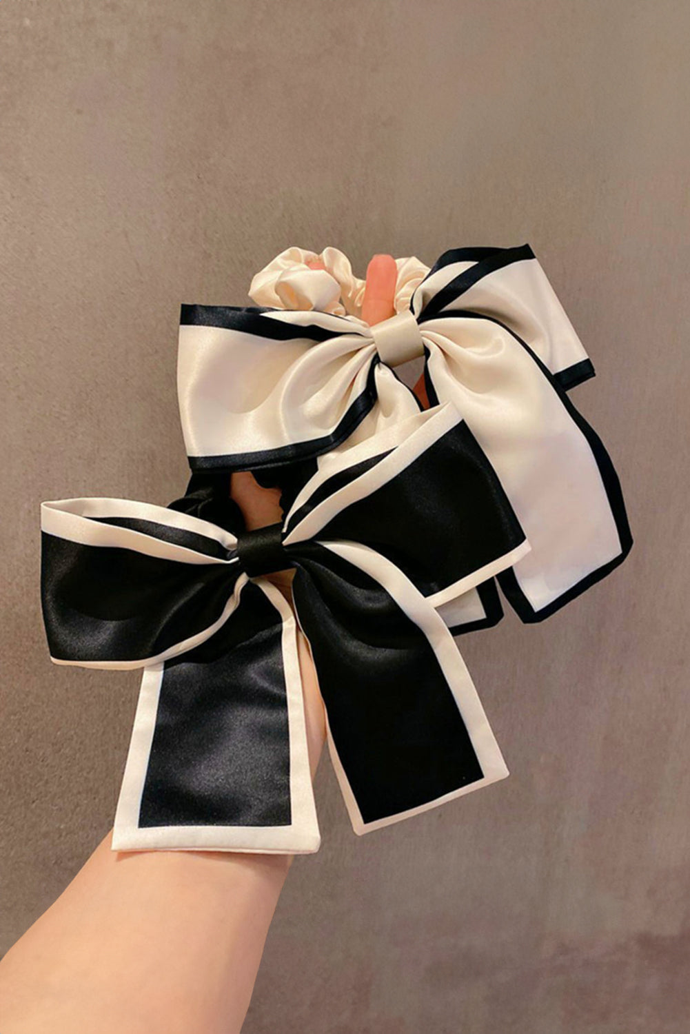 Colour Black Contrast Trim Satin Bow Knot Hair Scrunchie | Colour black