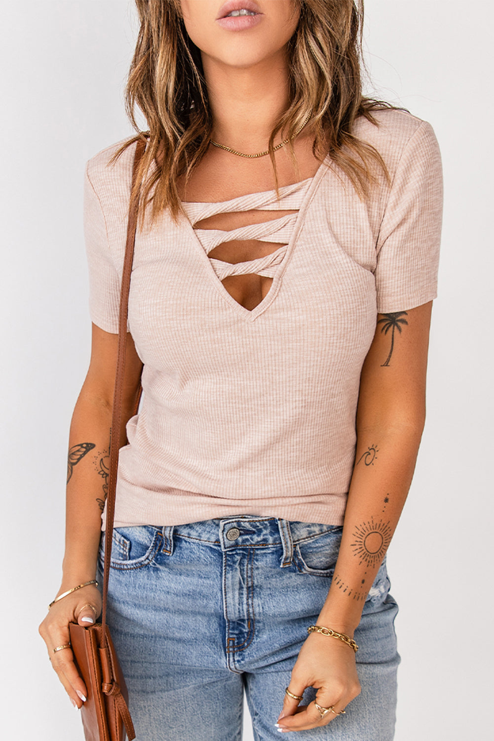 Strappy Hollow-Out Neck Rib Knit T Shirt | Apricot