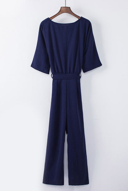 Bracelet Sleeve Waist Tie Wide Leg Jumpsuit | Blue