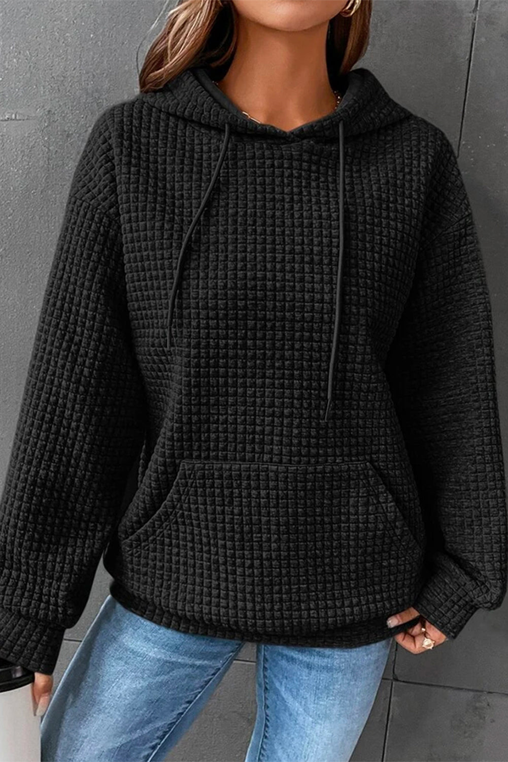 Quilted Kangaroo Pocket Drawstring Hoodie | Black